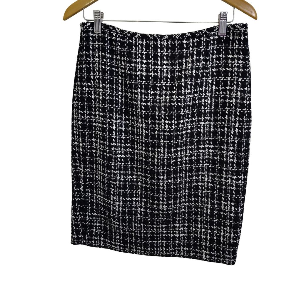 Karl Lagerfeld Paris Skirt Womens 6 Black Tweed Check Pencil Lined Knee Workwear